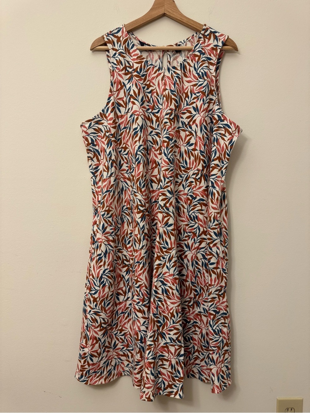 Lands' End Linen Leaf Print Midi Dress Size 1X Sleeveless Tropical Summer Dress